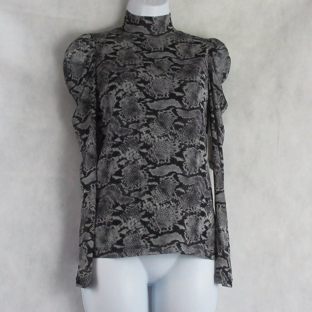 Bar III Women's Puff Long Sleeve Mesh Mock Neck Top, Gray Snake Print, XXS / 2XS